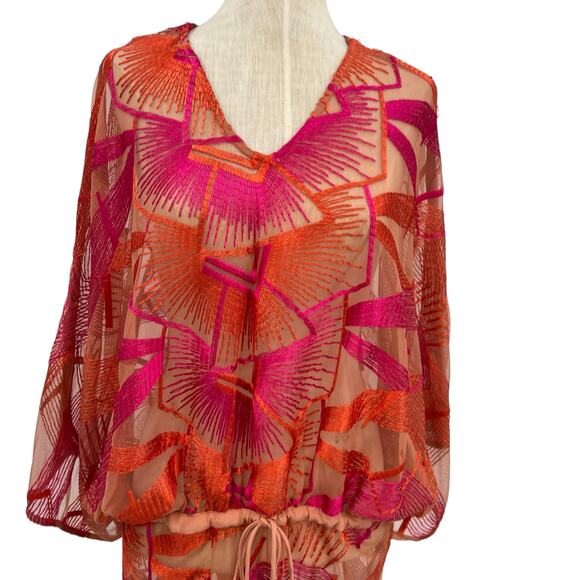 Jen's Pirate Booty Cover-Up Top Sheer Embroidered Pink Orange Size XS/Small - Picture 3 of 11